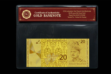 Malaysia 20 Ringgit Embossed trong 24 Karat tinh khiết Chủ Gói vàng tiền giấy nhựa