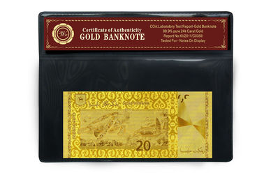Malaysia 20 Ringgit Embossed trong 24 Karat tinh khiết Chủ Gói vàng tiền giấy nhựa