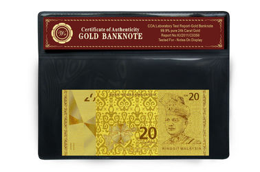 Malaysia 20 Ringgit Embossed trong 24 Karat tinh khiết Chủ Gói vàng tiền giấy nhựa